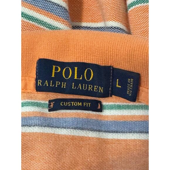 Polo Ralph Lauren Polo Shirt Mens Large Orange Stripe Custom Fit Green Pony - Picture 7 of 11